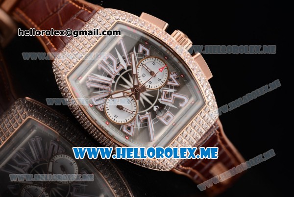 Franck Muller Vanguard Miyota OS20 Quartz Rose Gold Case with Champagne Dial Brown Leather Strap Arabic Numeral Markers and Diamonds Bezel - Click Image to Close
